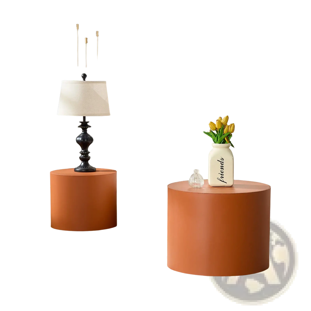 Orange cylindrical side table with a smooth matte finish and rounded edges from the orange saddle leather round coffee table set