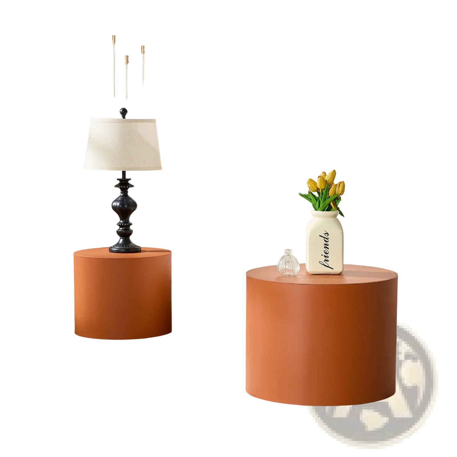 Orange cylindrical side table with a smooth matte finish and rounded edges from the orange saddle leather round coffee table set