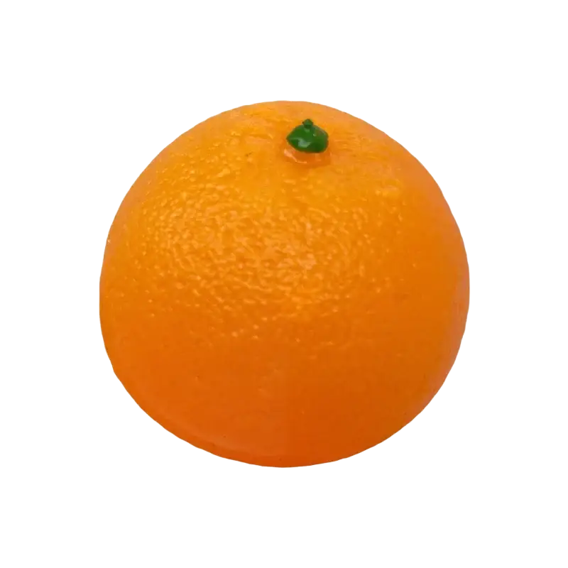 Orange silicone stress ball sensory fidget toy shaped like a vibrant orange citrus fruit with textured peel and green stem