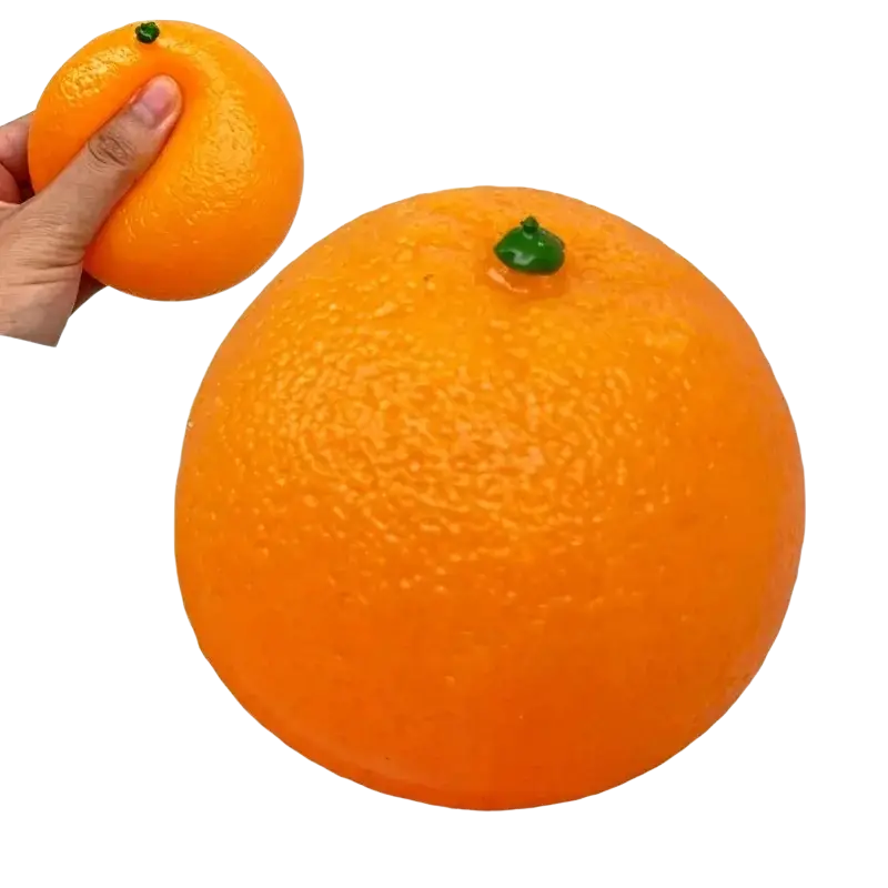 Orange silicone stress ball sensory fidget toy with vibrant textured peel and green stem for stress relief