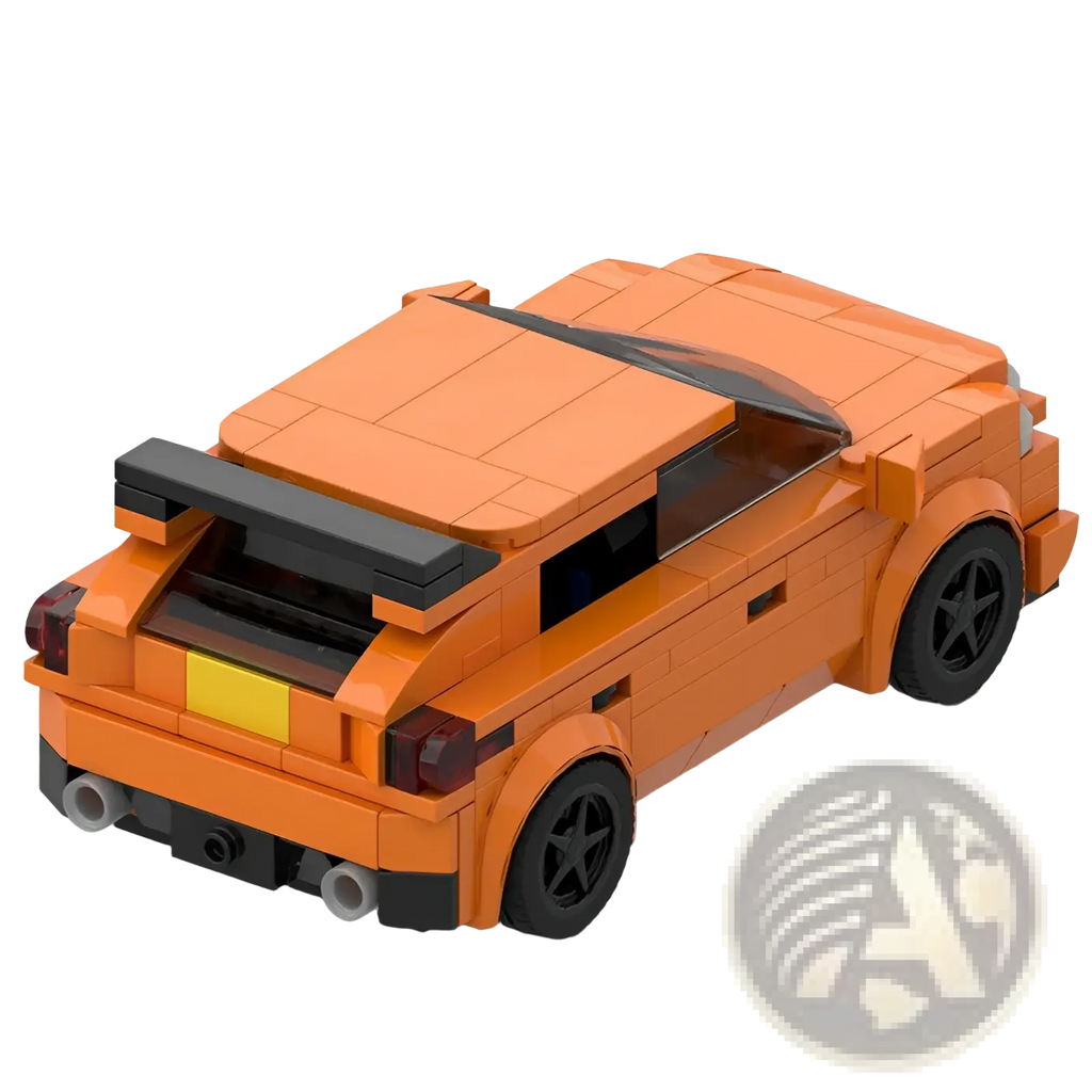 Orange sports car building block set with 291 pieces featuring a lego-built design, black roof spoiler and wheels