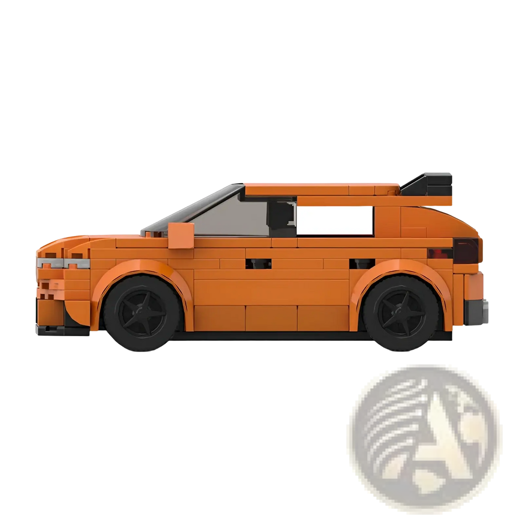 Orange sports car building block set with 291 pieces featuring a brick-built design, black wheels, and rear spoiler