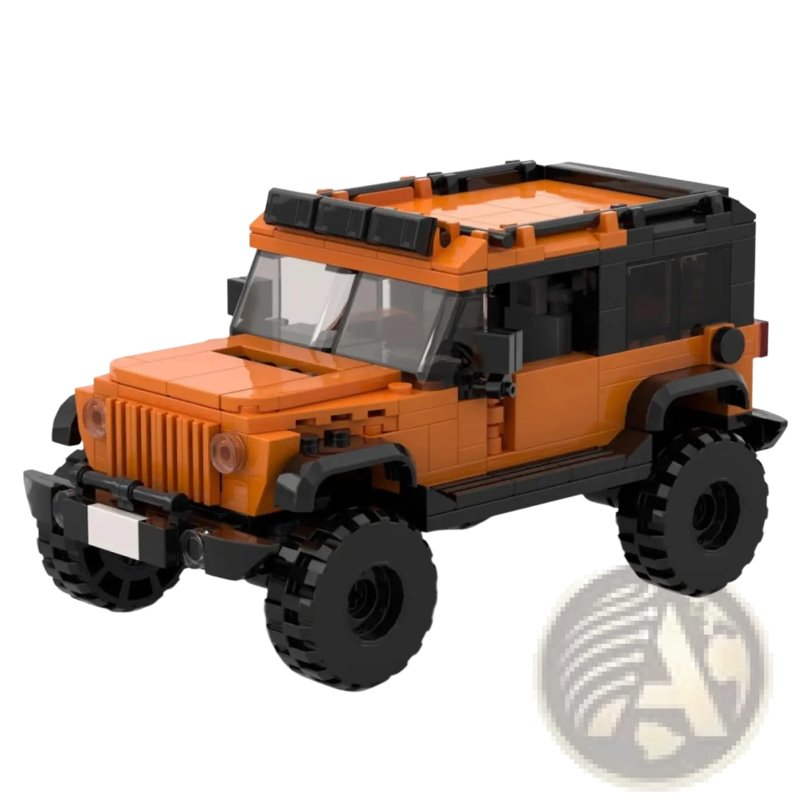Orange and black lego-style suv off-road car model with rugged tires and roof rack from 405pcs building blocks set