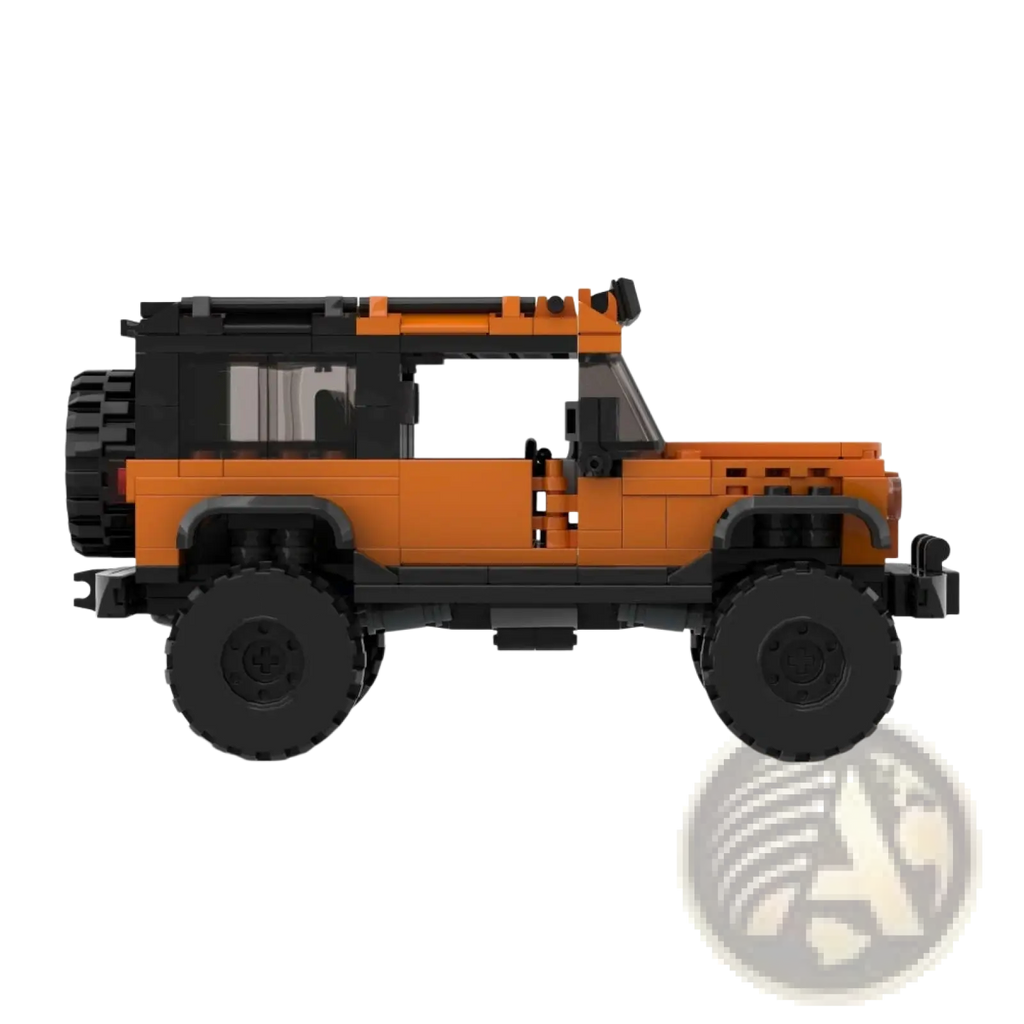 Orange and black lego-built off-road suv model made of 405 pcs building blocks designed for rugged terrain use