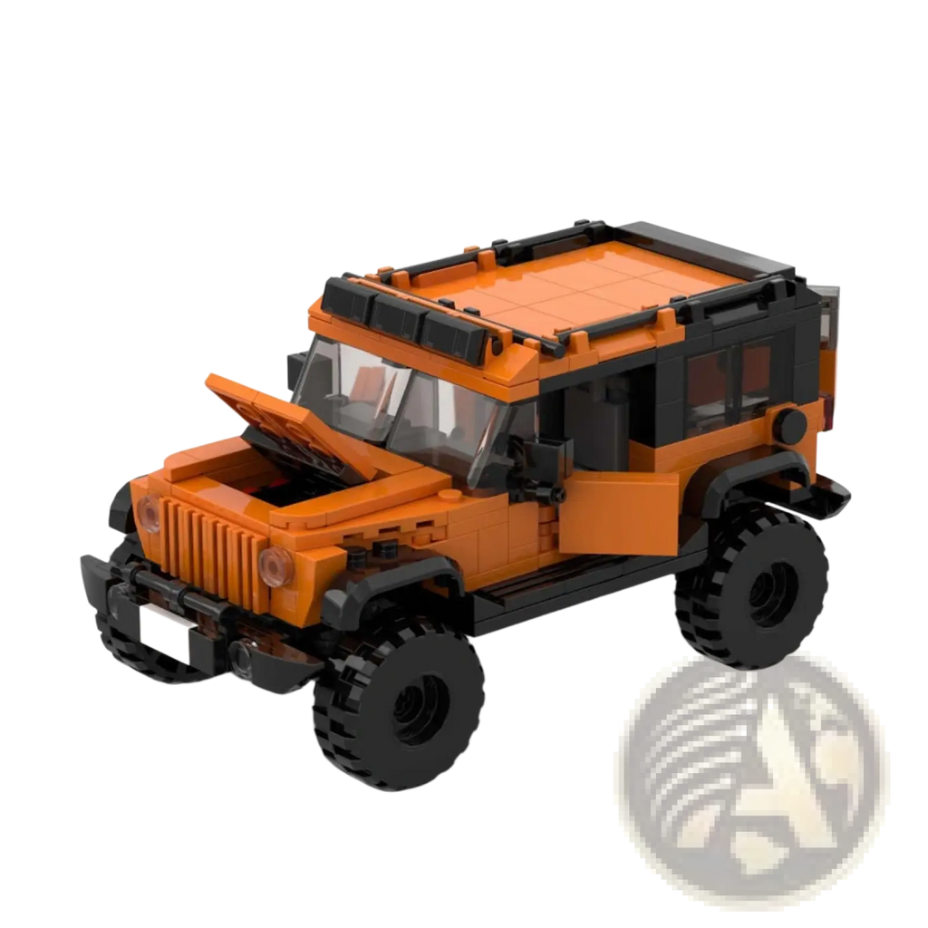 Orange and black lego jeep wrangler model suv with open hood and doors from 405pcs off-road building blocks set