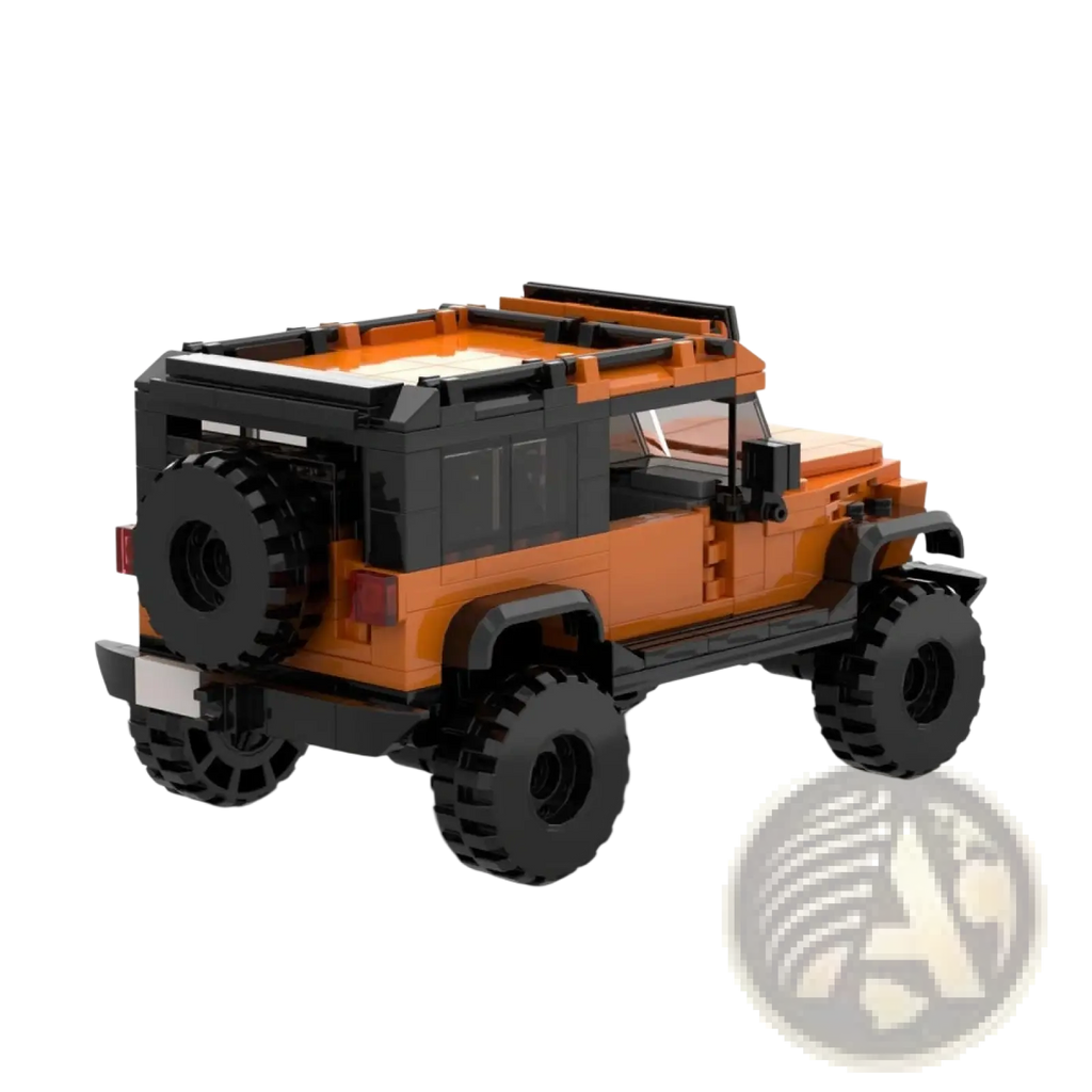 Orange suv off-road car building blocks 405pcs set showing back side of lego-built jeep model with rugged tires and spare wheel