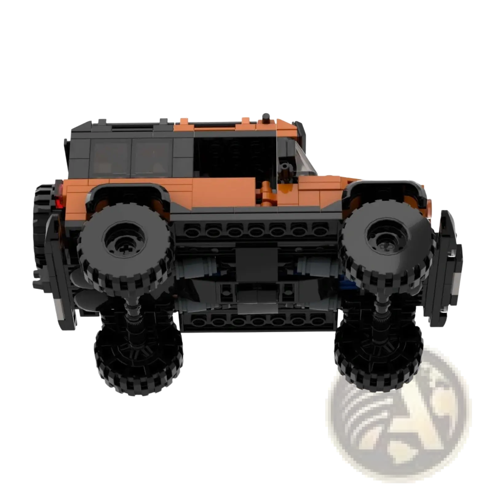 Black and orange lego off-road suv with rugged tires built from 405pcs building blocks set for outdoor adventure