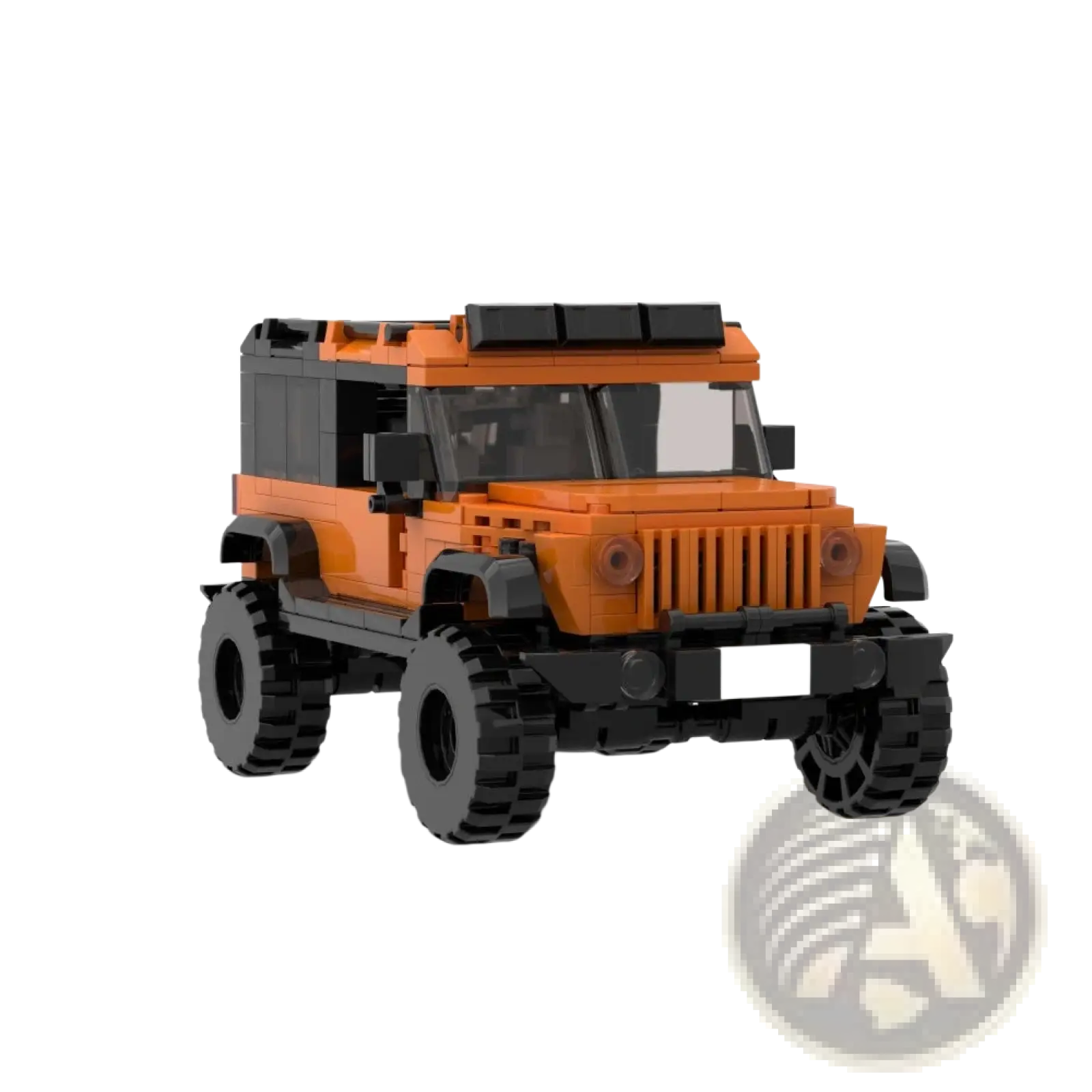 Orange and black lego-built off-road jeep model with rugged tires and roof rack from 405pcs suv building set