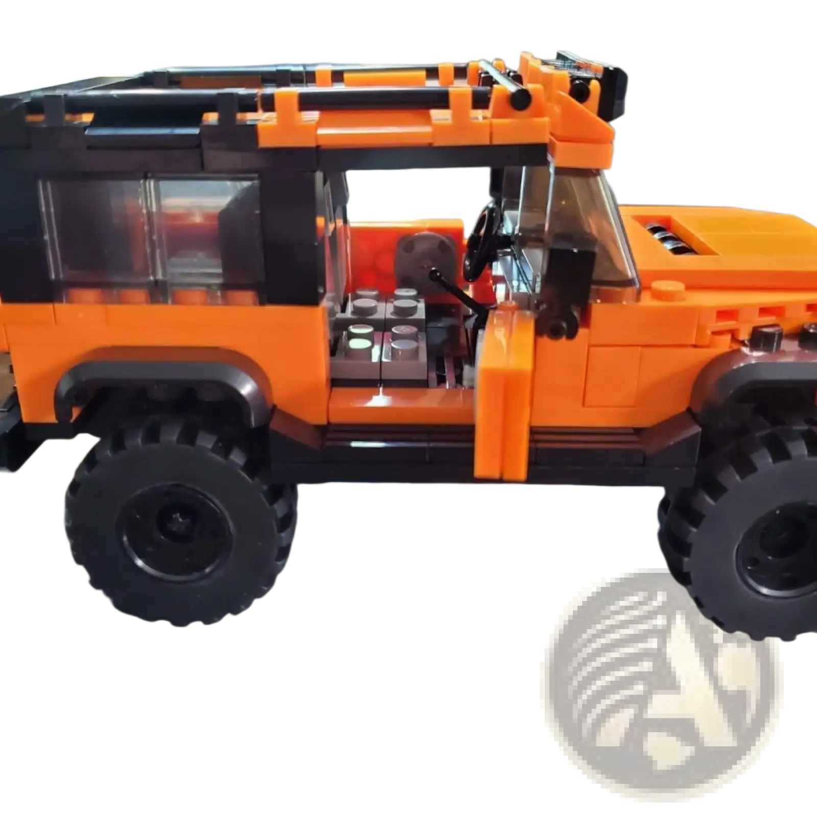 Orange and black lego-built suv off-road car with rugged tires and roof rack 405pcs building blocks set