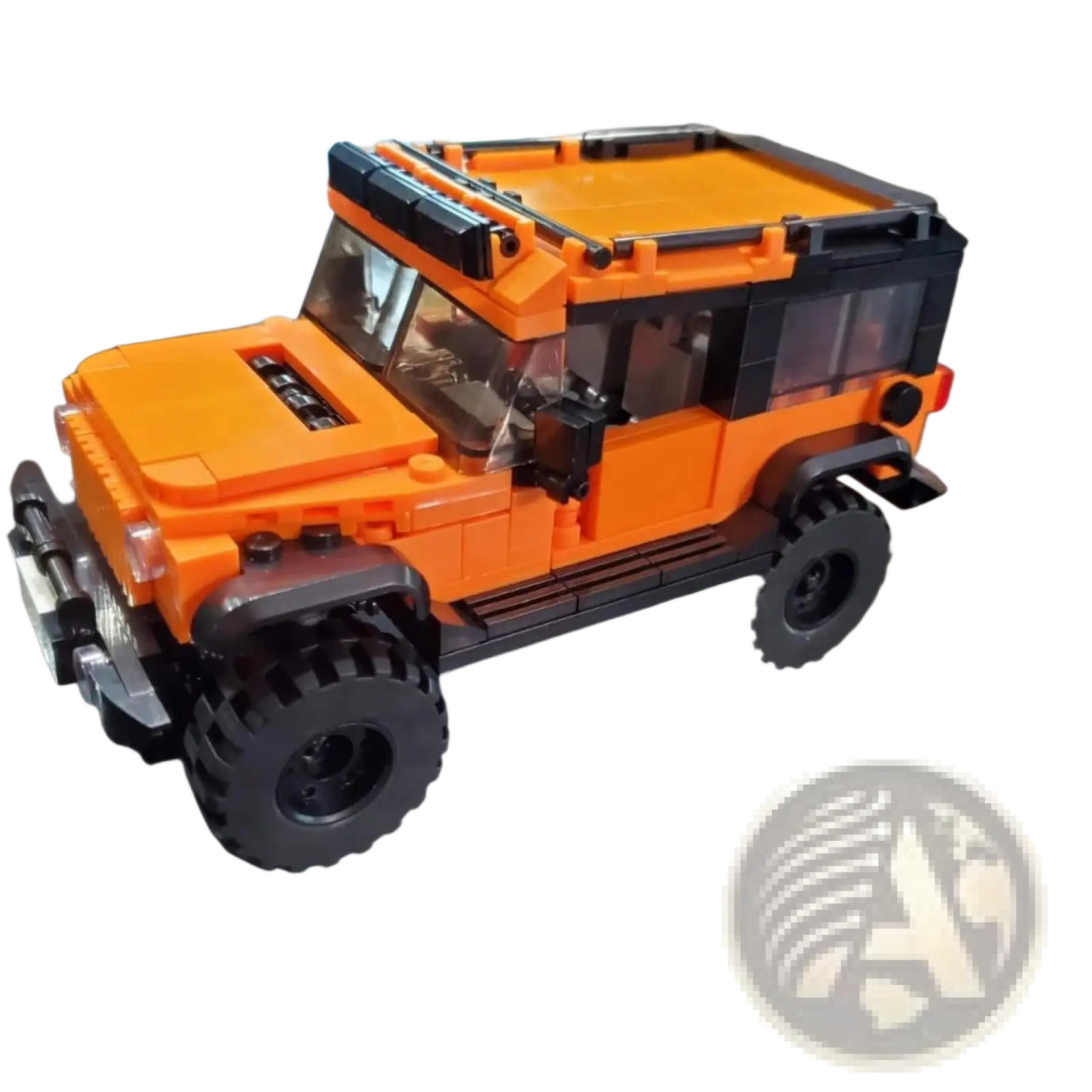 Orange and black lego suv off-road car model with rugged tires and detailed roof rack 405pcs building blocks set