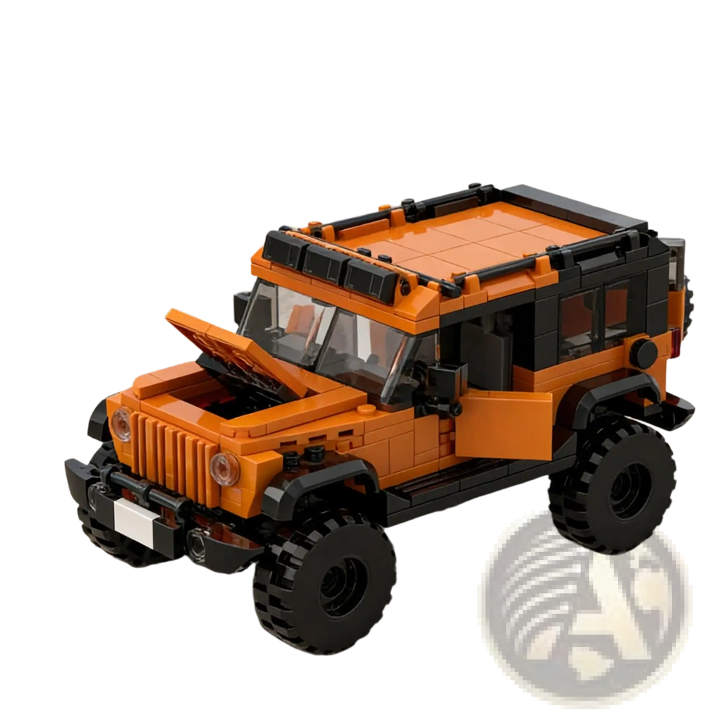 Orange suv off-road car building blocks 405pcs set featuring an orange and black lego jeep wrangler model with rugged features