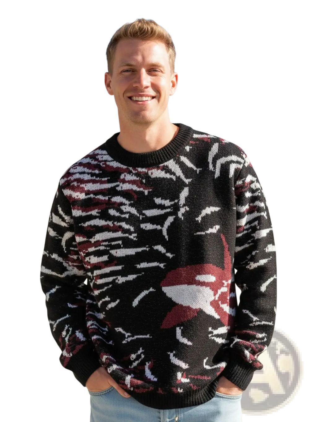 Black knit orca knit sweater with bold white and maroon abstract pattern casual Korean pullover design