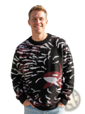 Black knit orca knit sweater with bold white and maroon abstract pattern casual Korean pullover design