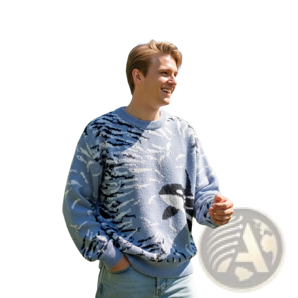 Light blue knitted orca knit sweater with bold black and white orca whale design casual Korean pullover