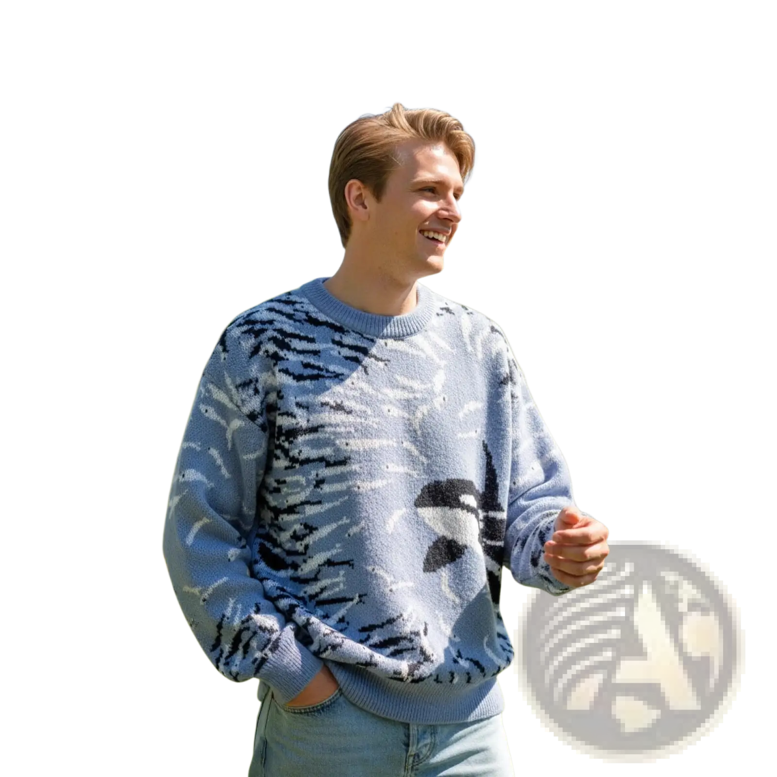 Light blue knitted orca knit sweater with bold black and white orca whale design casual Korean pullover