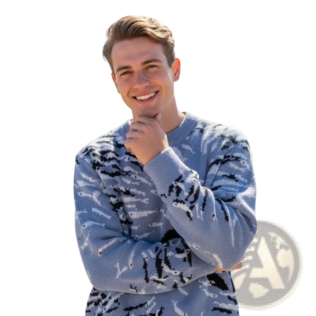 A light blue knitted orca knit sweater with a black and white abstract pattern casual korean pullover