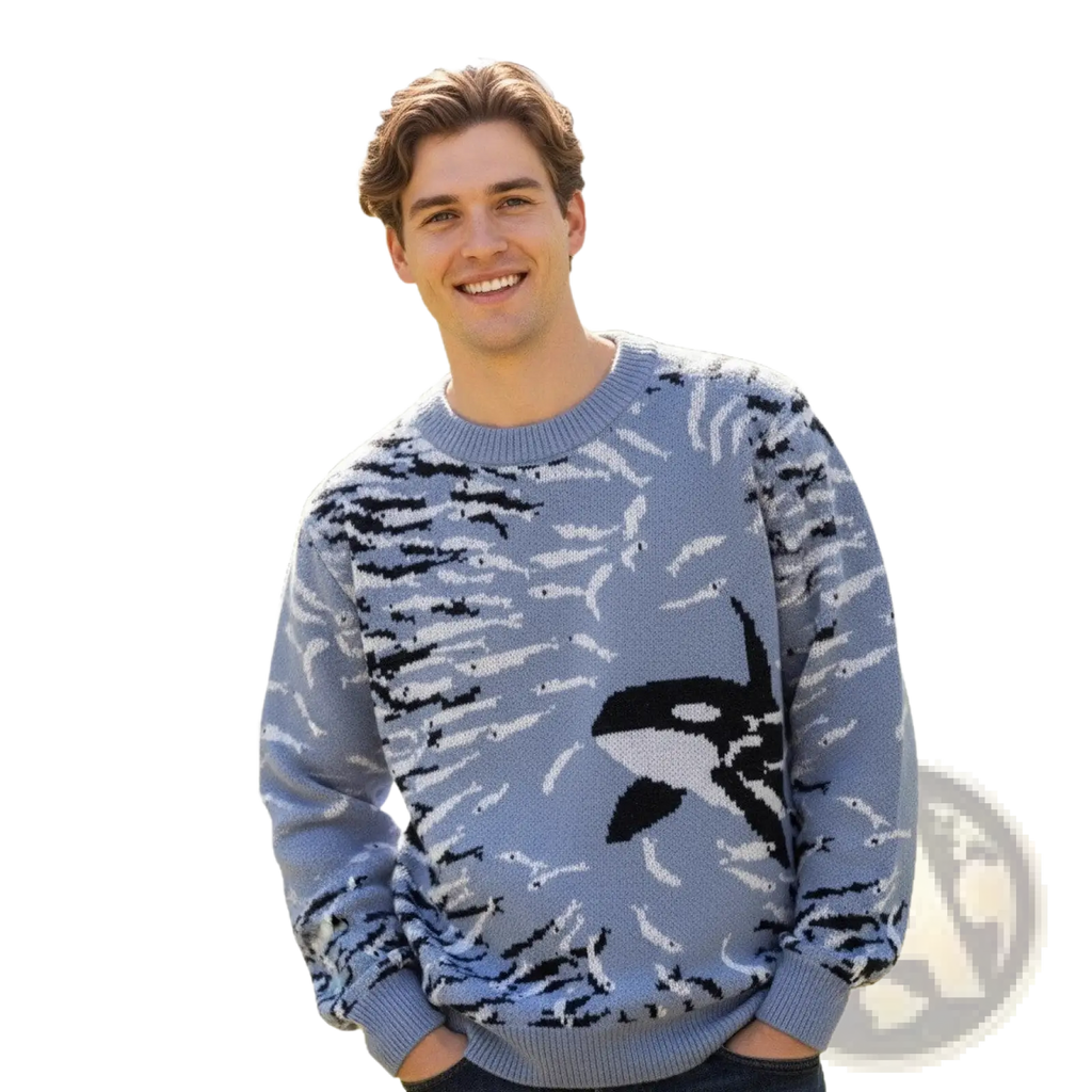 A light blue knitted orca knit sweater with black and white orca and smaller fish patterns, casual Korean pullover