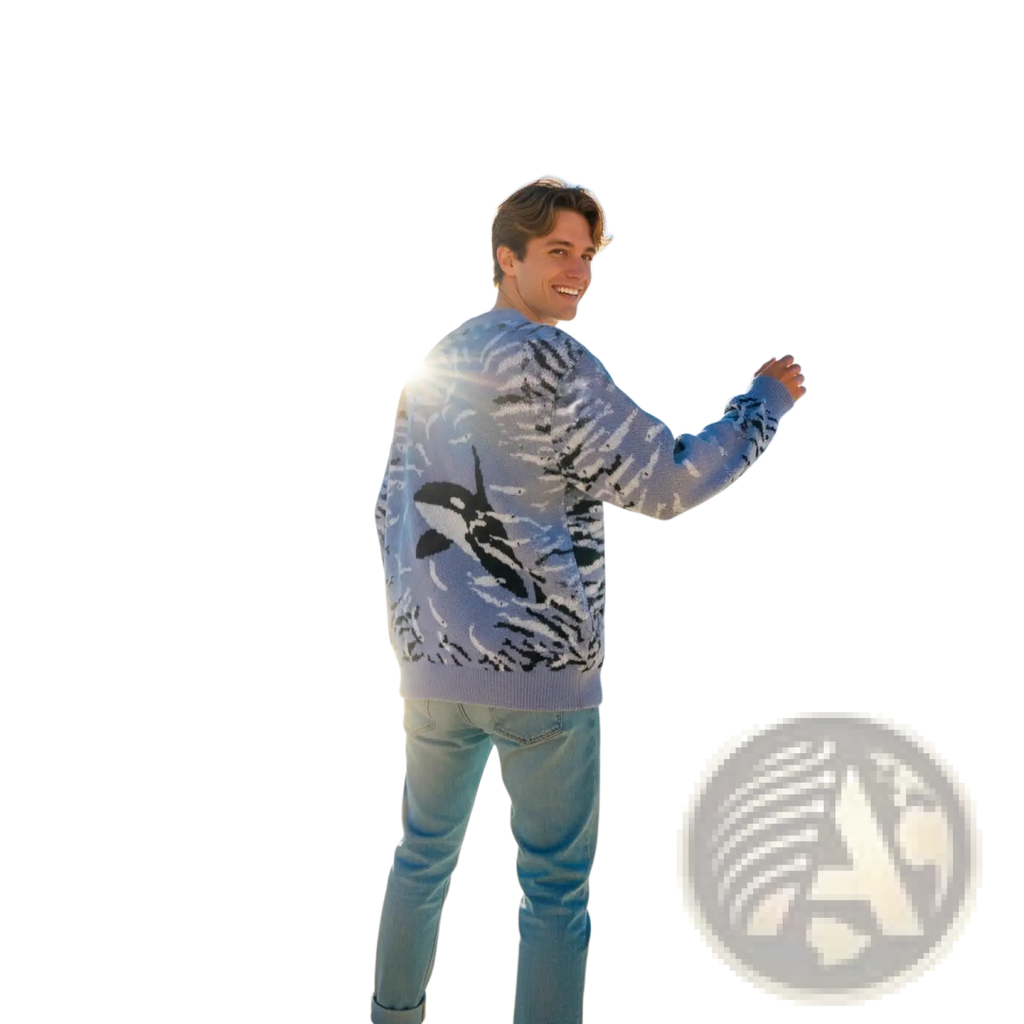 A light purple knit orca sweater with bold black and white whale design on tie dye background casual korean pullover
