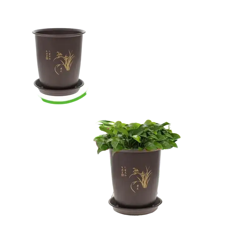 Brown ceramic orchid pot with gold calligraphy design shown in circular inset for plant nursery pots and nursery pots