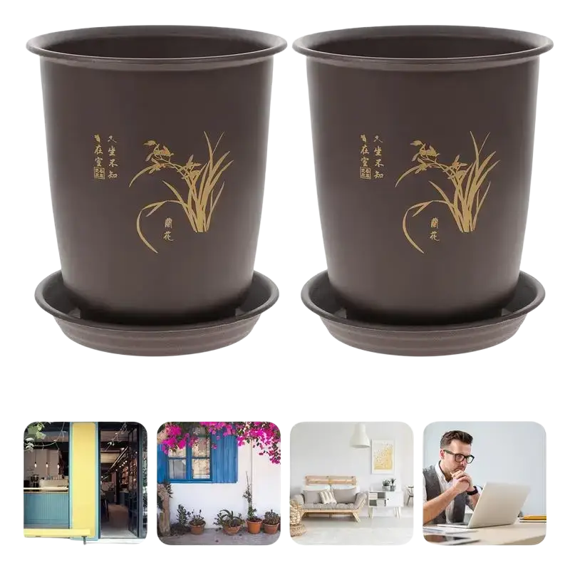 Brown ceramic orchid pots with gold calligraphy decals paired with matching trays for plant nursery pots use