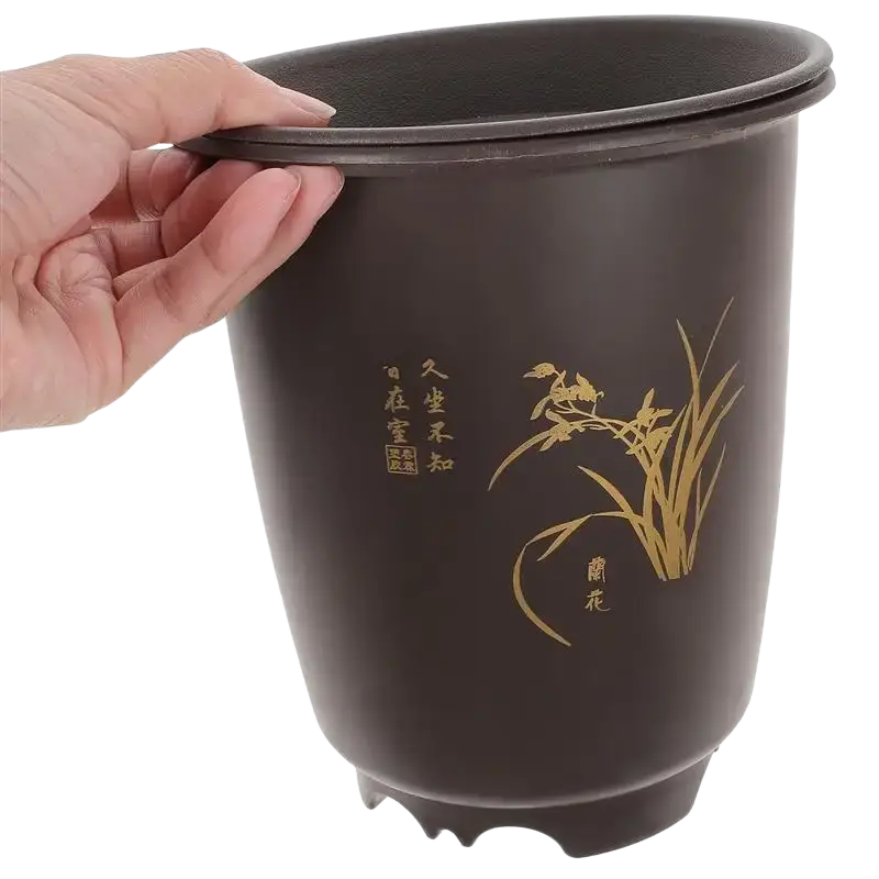 Dark brown plastic orchid pots with gold foil orchid and chinese calligraphy design for plant nursery pots with trays