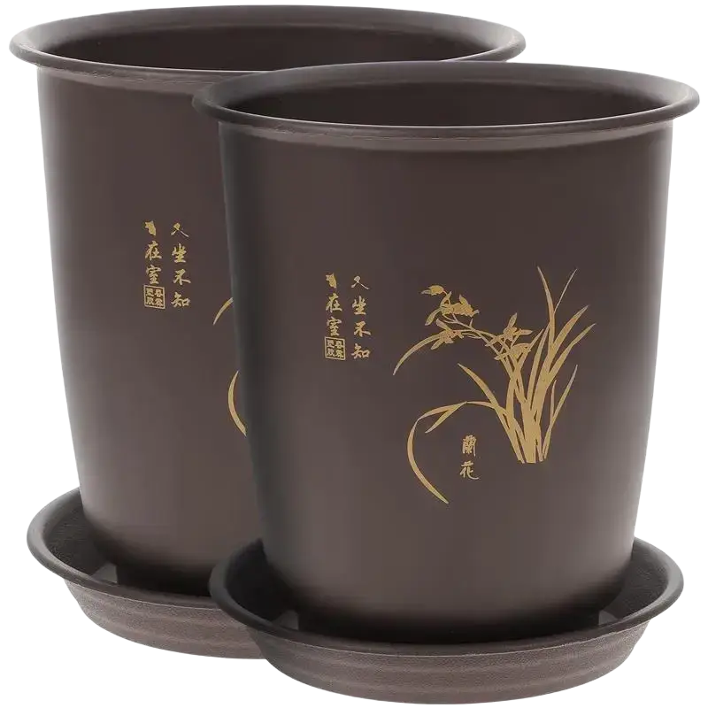 Dark brown ceramic orchid pots with gold calligraphy designs paired with matching saucers for nursery pots use