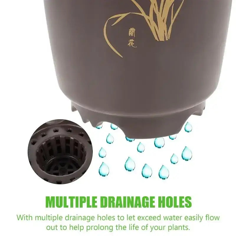 Dark gray plastic orchid pot with gold bamboo leaf and chinese characters design with multiple drainage holes for nursery pots