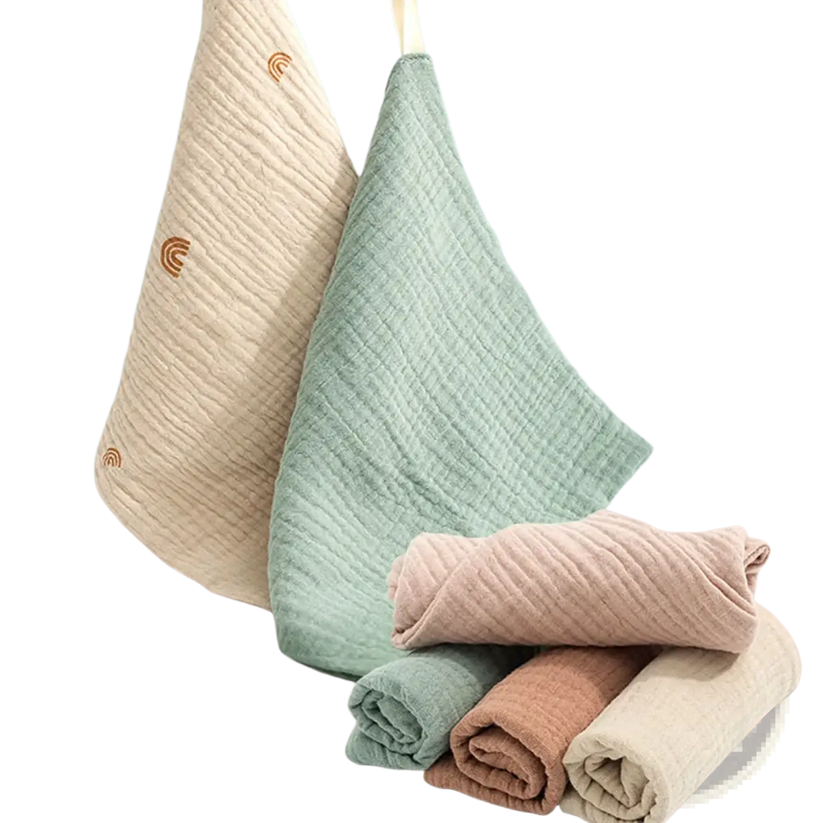 Organic cotton baby bath towel and muslin set with soft pastel colors ribbed texture and small rainbow embroidery