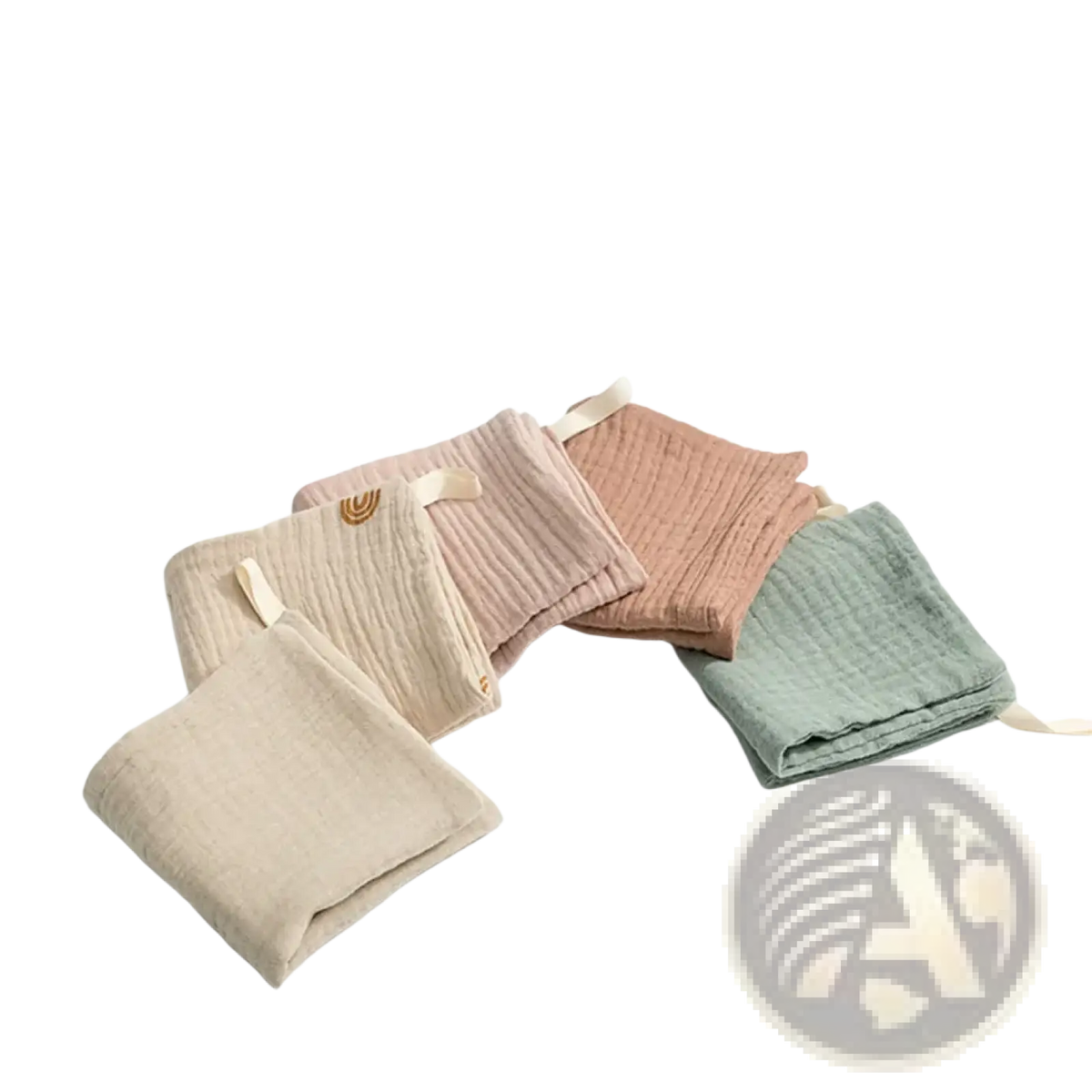 Organic cotton baby bath towel and muslin set with soft pastel muslin cloths featuring ribbed texture and woven tags