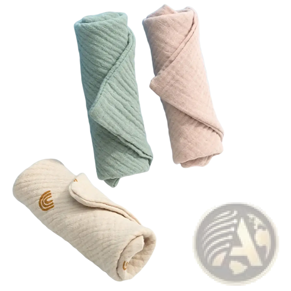Organic cotton baby bath towel and muslin set with soft rolled wraps in sage green, blush pink, and beige with gold logo
