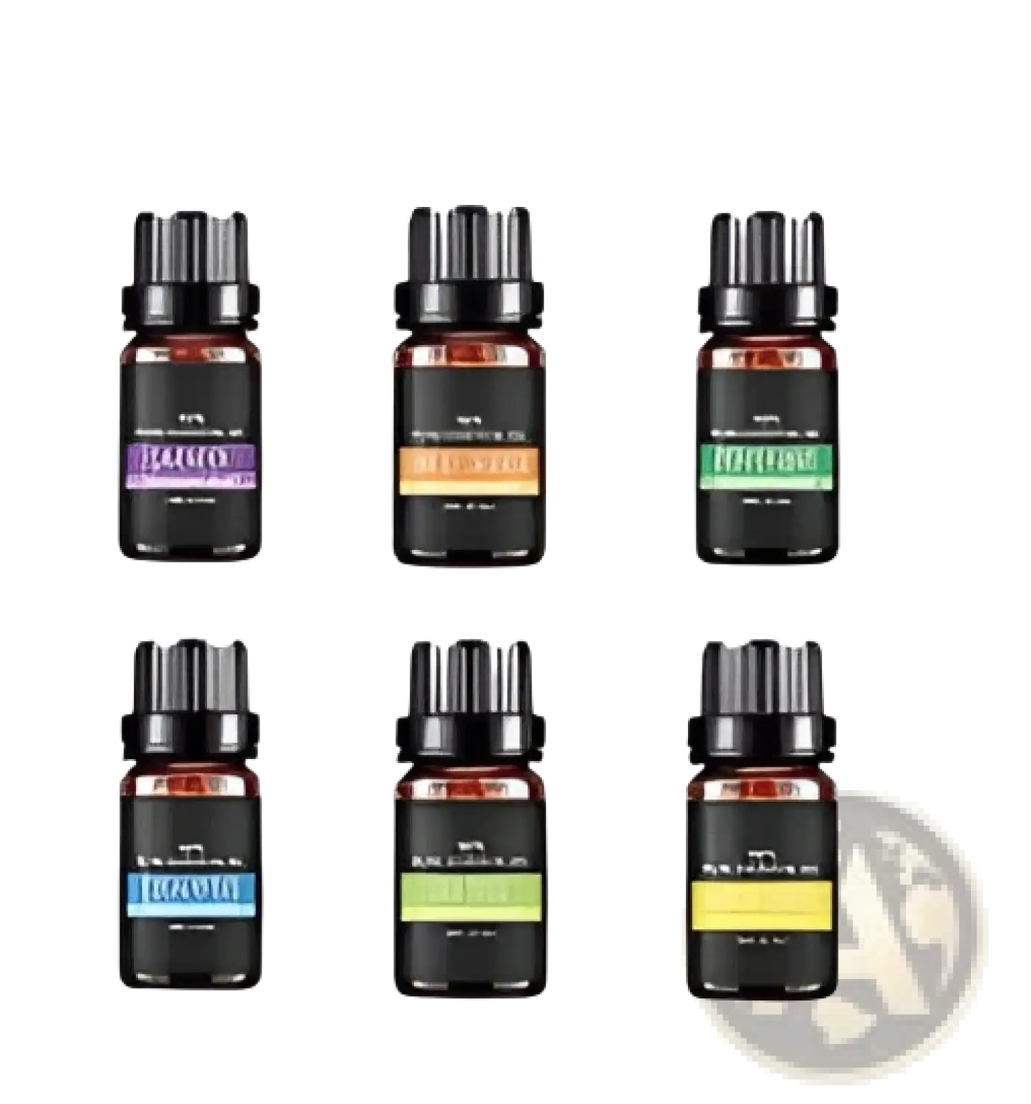 Set of eight organic essential oil bottles with black caps and colored labels arranged in a grid for aromatherapy gift kit