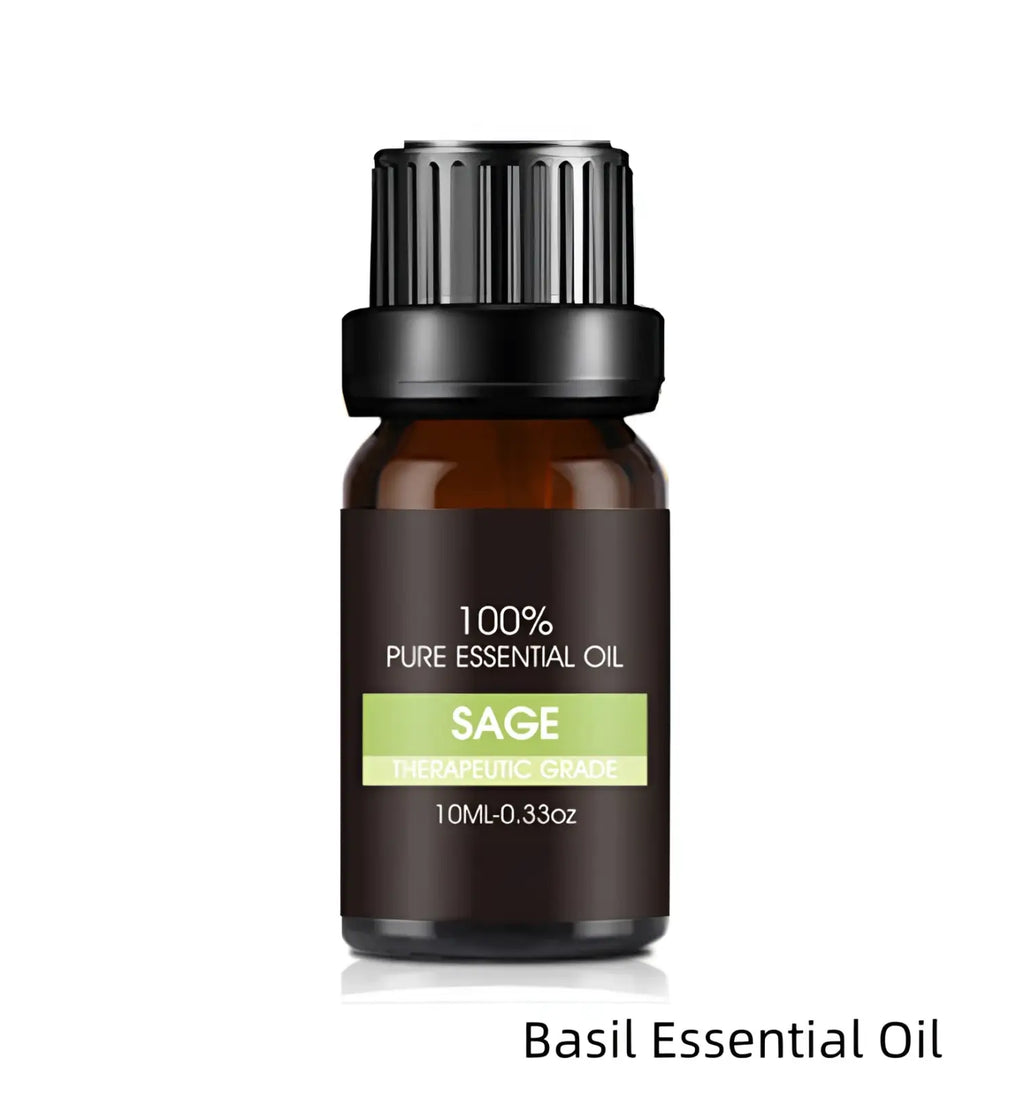 A small amber glass bottle with black ribbed cap labeled 100% pure sage essential oil from organic aromatherapy set
