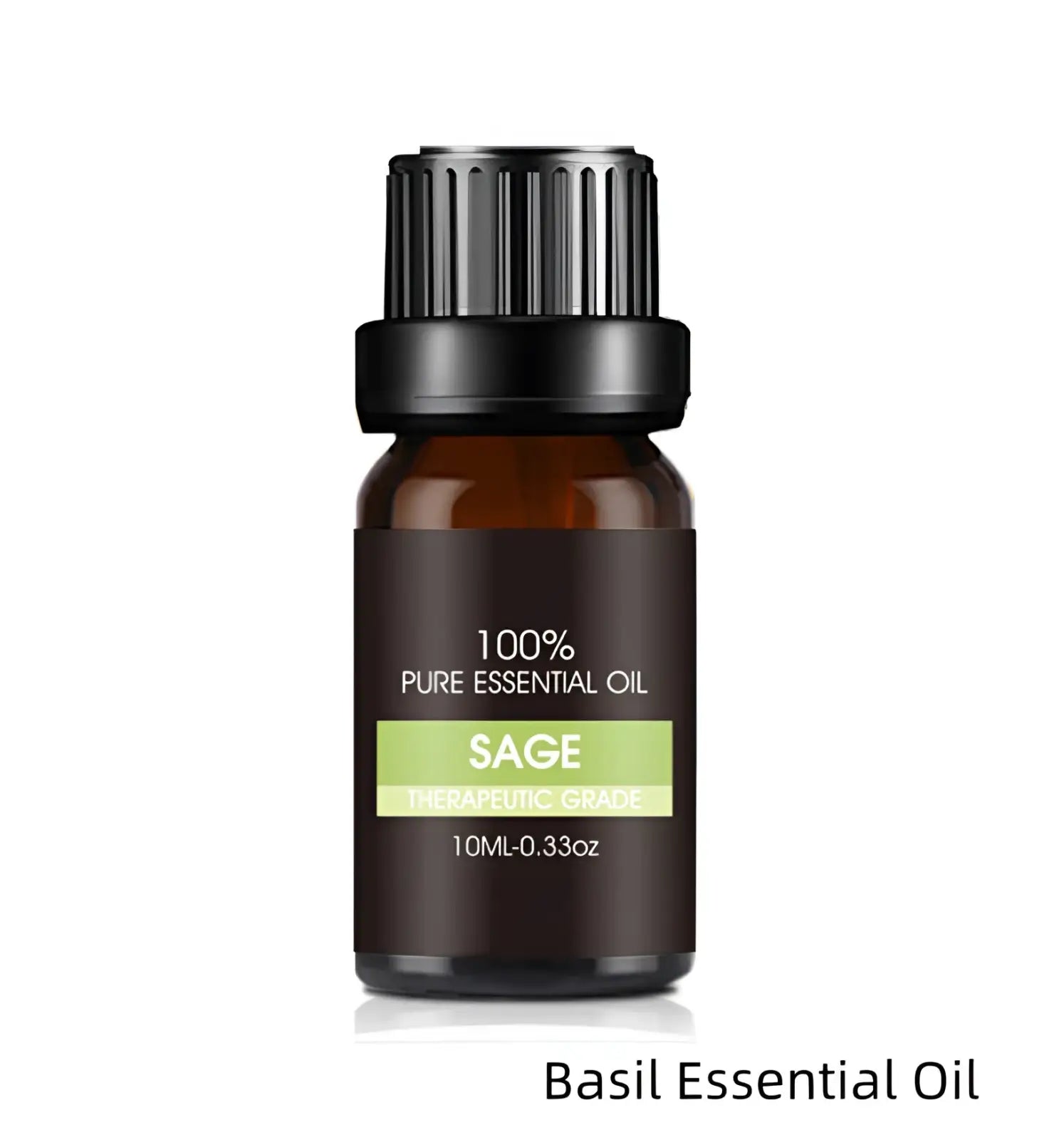 A small amber glass bottle with black ribbed cap labeled 100% pure sage essential oil from organic aromatherapy set