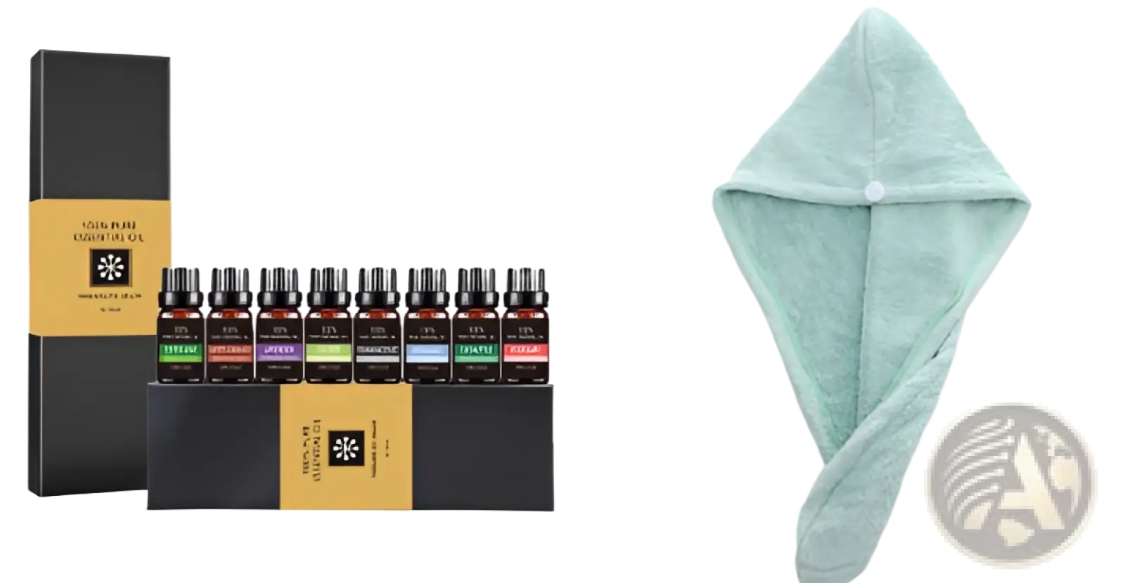 Mint green microfiber towel with white button closure included in organic essential oils set 10ml aromatherapy gift kit