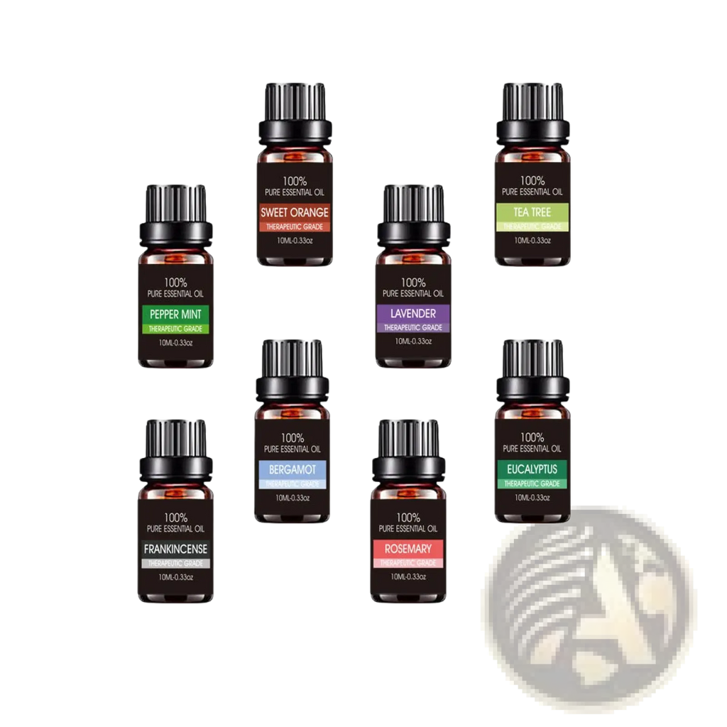 Set of eight amber glass bottles with black ribbed caps labeled with different essential oil scents 10ml aromatherapy kit