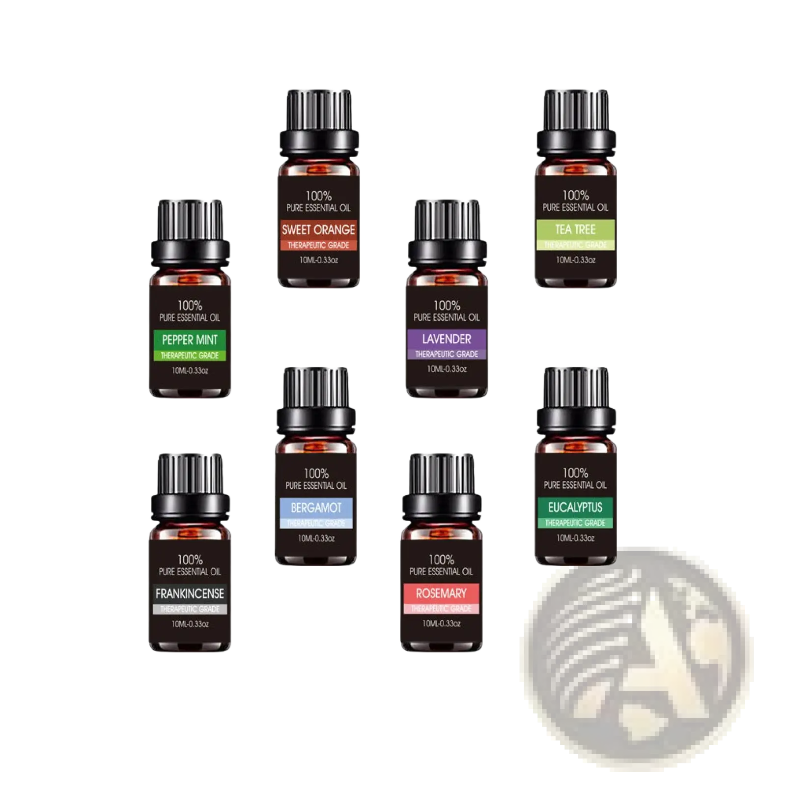 Set of eight amber glass bottles with black ribbed caps labeled with different essential oil scents 10ml aromatherapy kit