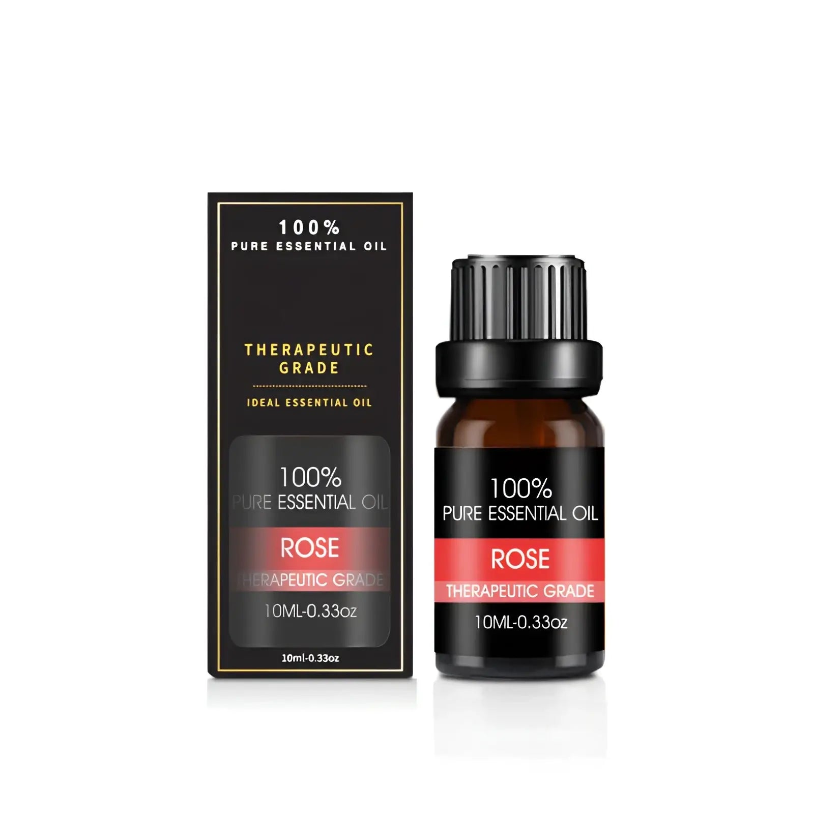 A sleek black 10ml bottle with ribbed cap and red label containing 100 percent pure therapeutic-grade rose essential oil