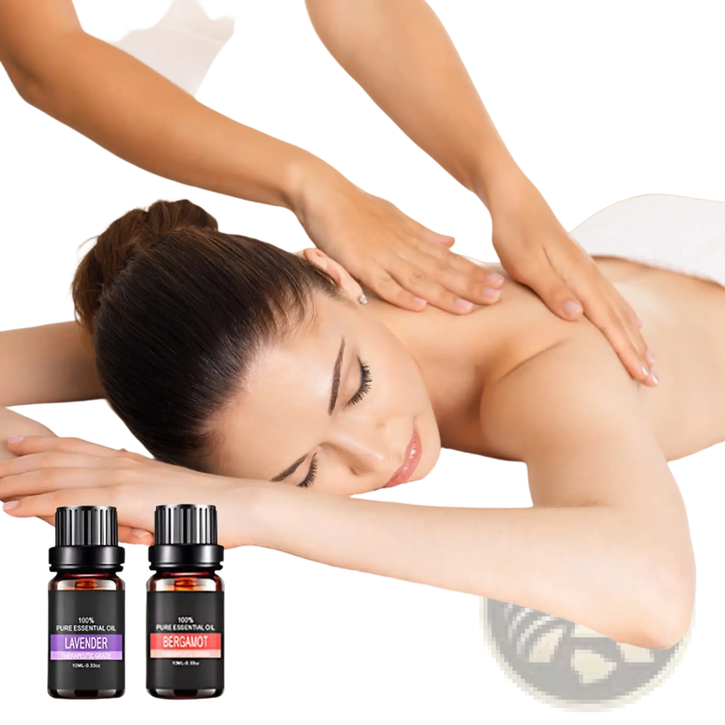 Two small dark glass bottles with black caps labeled lavender and bergamot contain 100 percent pure essential oils