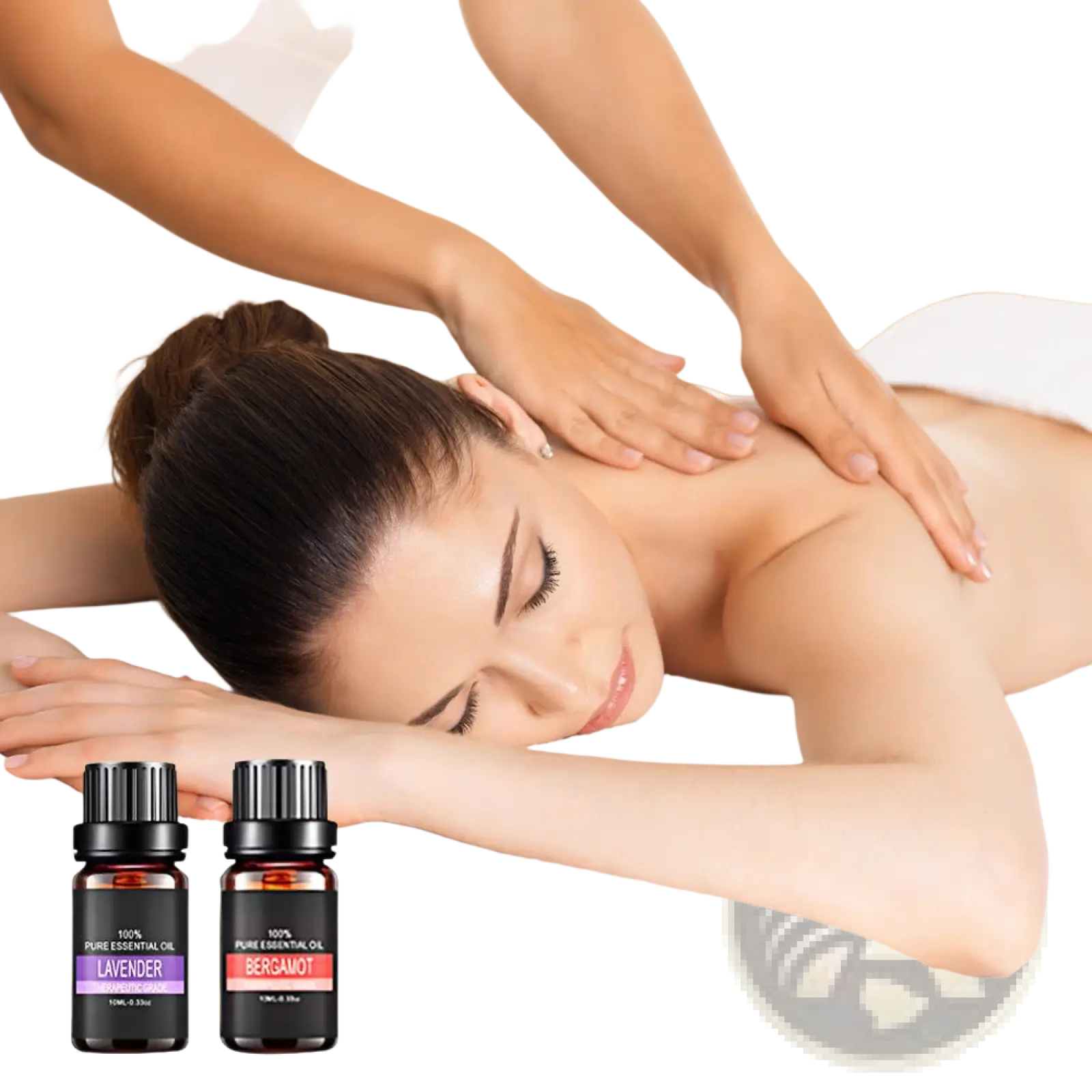 Two small dark glass bottles with black caps labeled lavender and bergamot contain 100 percent pure essential oils