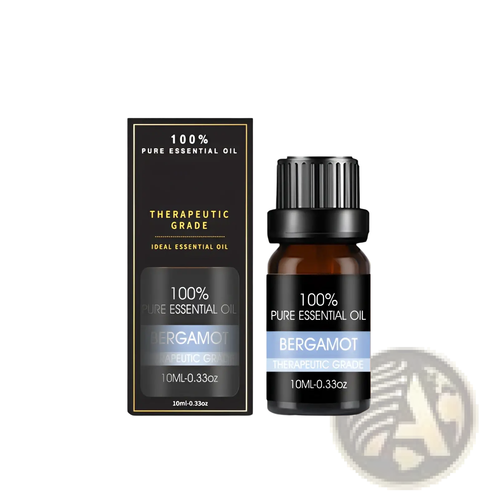 A sleek 10ml amber glass bottle of bergamot essential oil with black cap beside its elegant black box in organic set