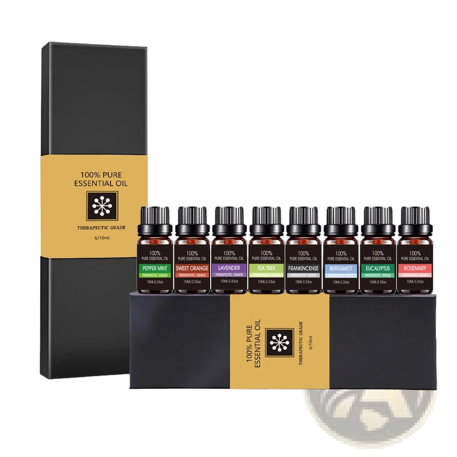 Set of six 10ml amber glass organic essential oil bottles with black caps and colorful labels in a black gift box