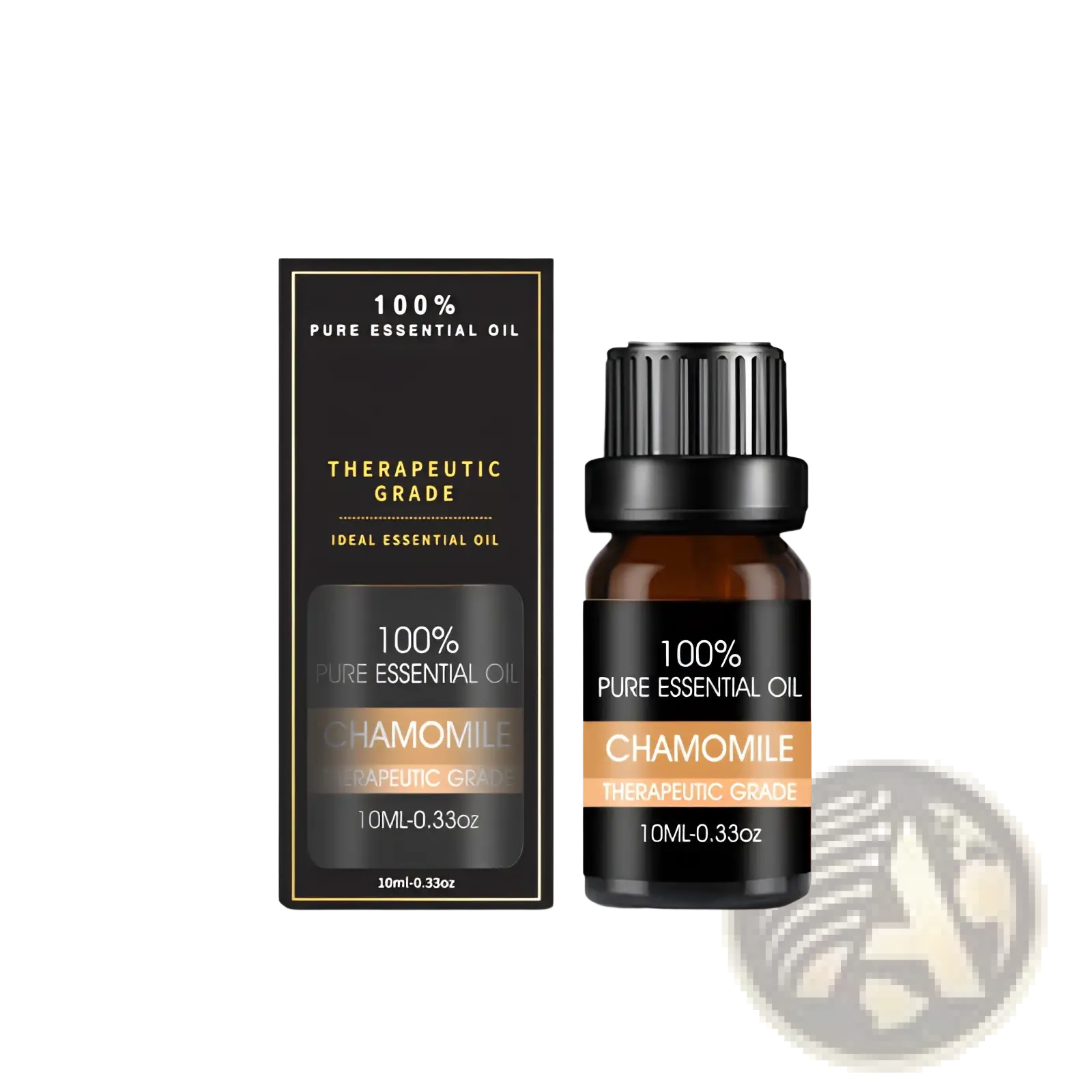 A sleek black amber glass bottle with a ribbed cap labeled 100% pure chamomile essential oil beside a gold trimmed box