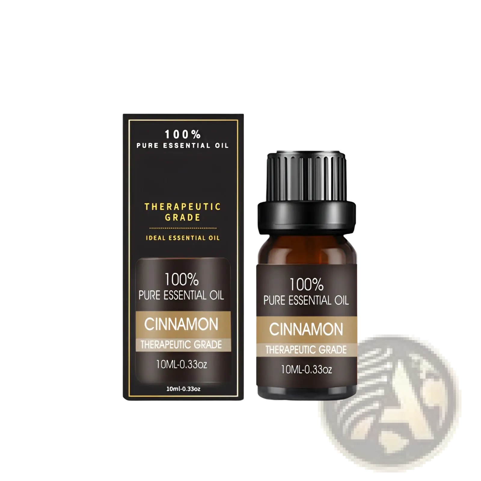 A sleek dark amber glass bottle with cinnamon essential oil and black cap beside a black gold-trimmed gift box