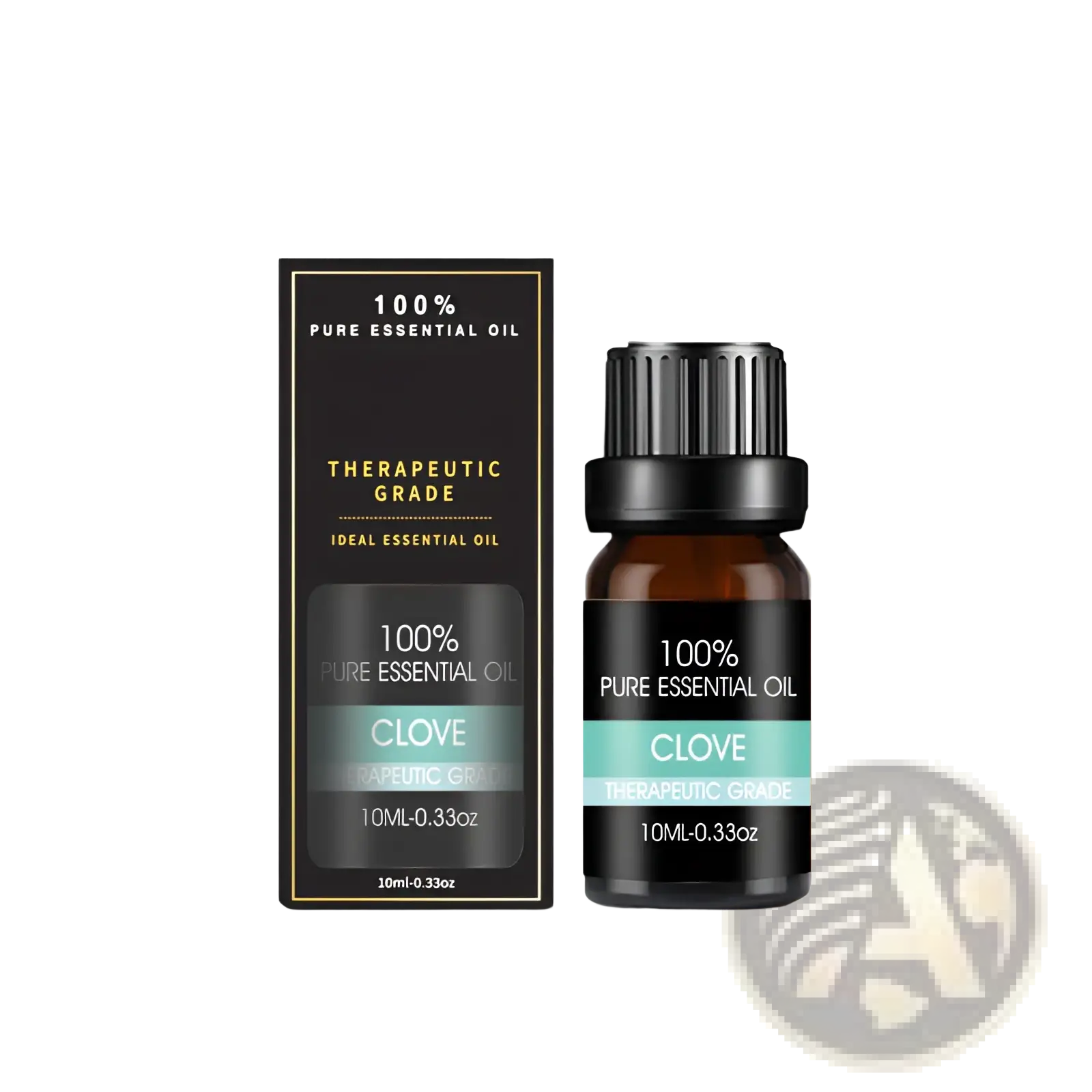 A sleek black bottle with ribbed cap and matching box containing 100 percent pure clove essential oil from organic essential oils set 10ml aromatherapy gift kit