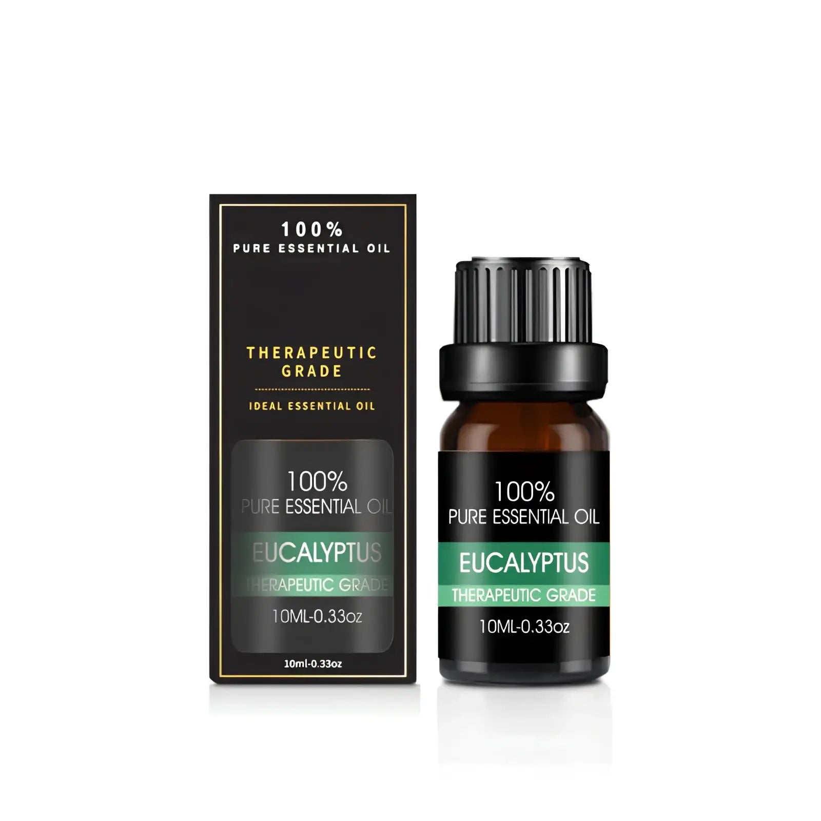 A sleek black and amber glass bottle of 100 percent pure therapeutic-grade eucalyptus essential oil in a 10ml aromatherapy set