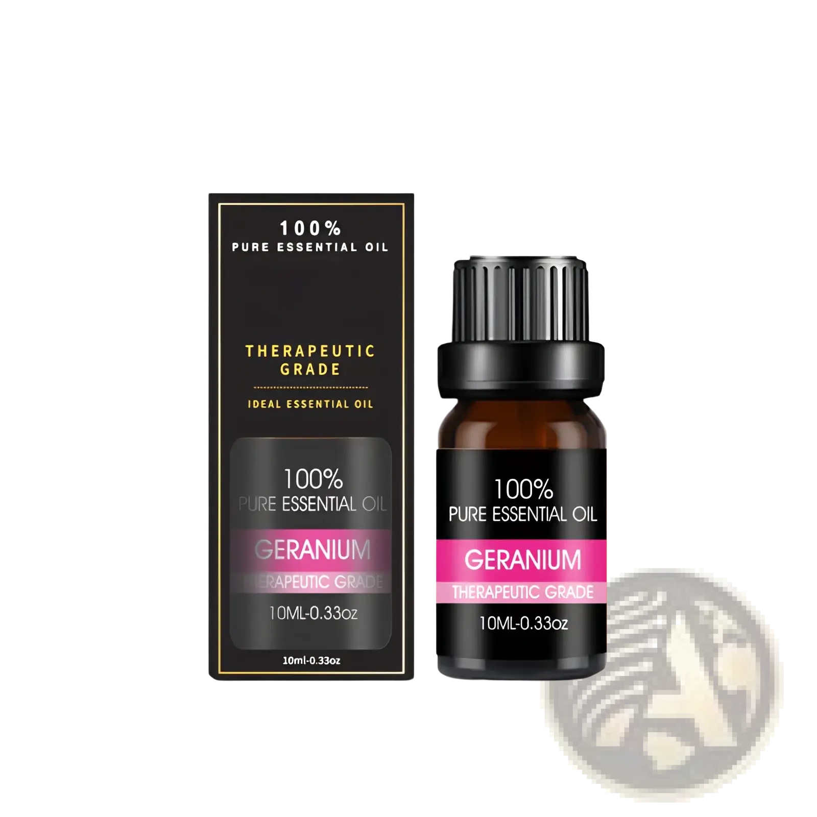 A sleek black glass bottle with a ribbed cap and pink label containing 100% pure geranium essential oil