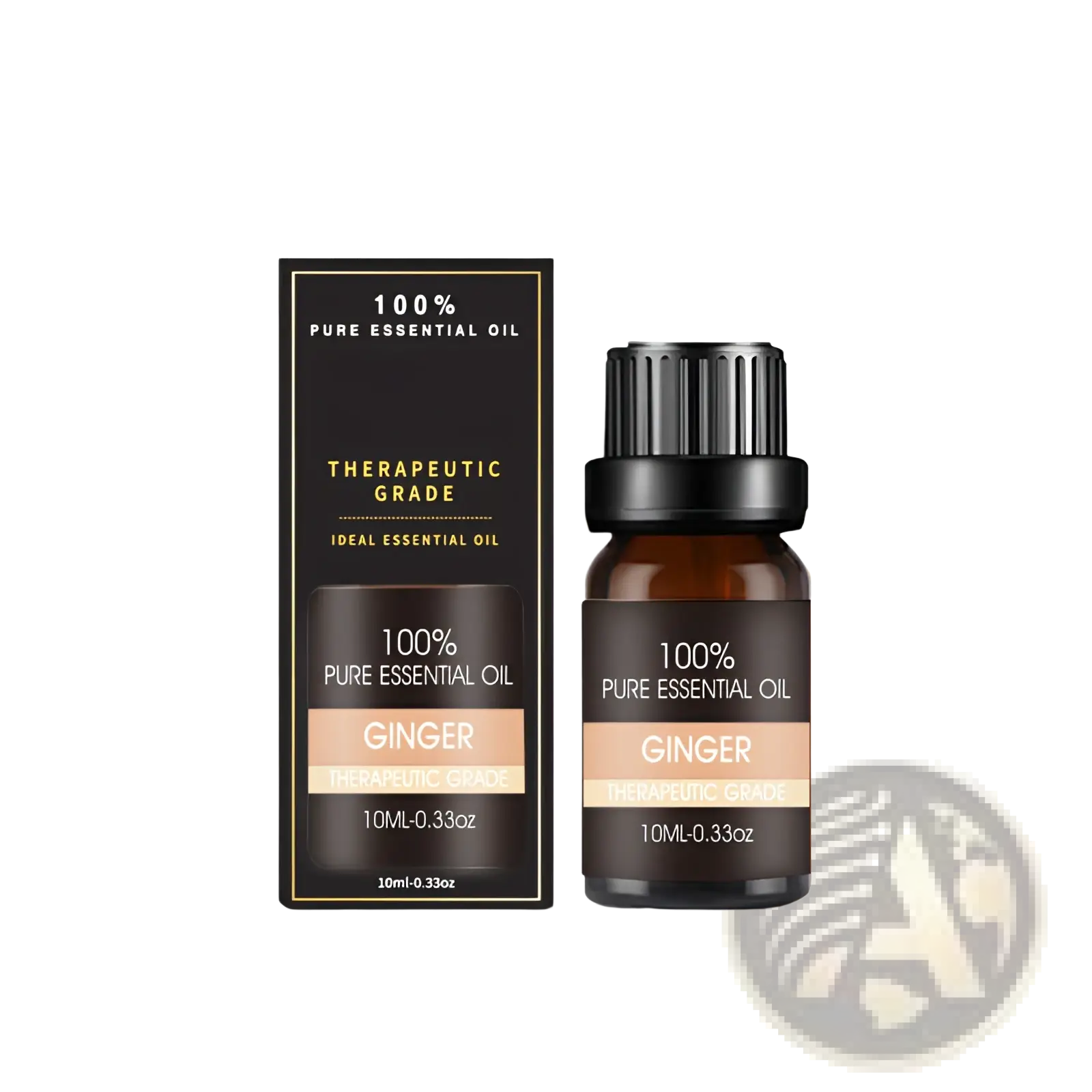 A sleek dark amber glass bottle of 100 percent pure ginger essential oil with black cap and matching black box from organic essential oils set