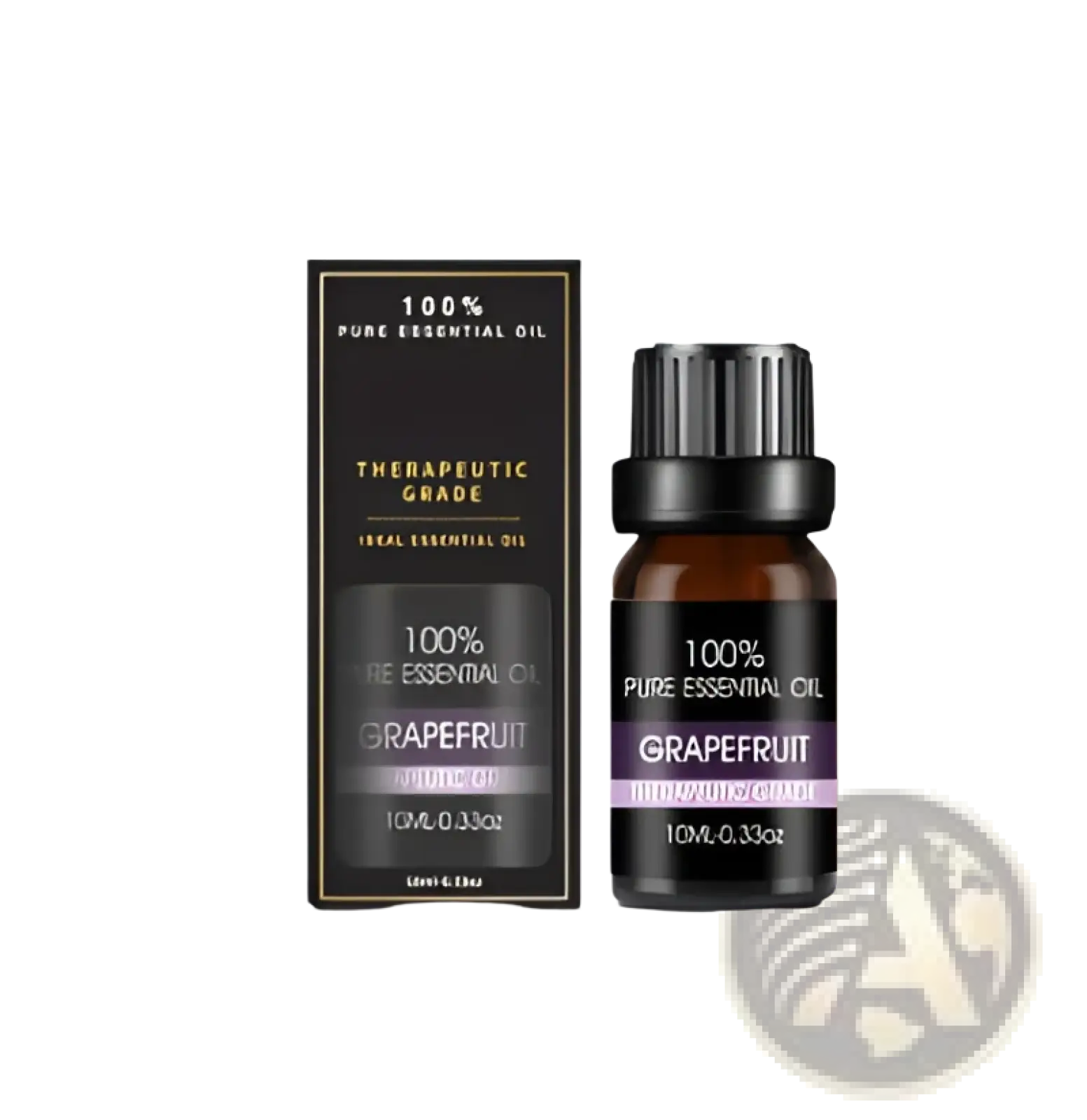 Grapefruit-scented essential oil in a 10ml amber glass bottle with black ribbed cap and matching packaging from organic set
