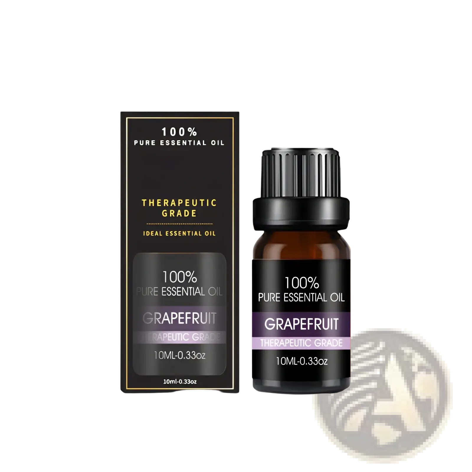 A sleek 10ml amber glass bottle of grapefruit essential oil with black cap and label beside black gift box in organic set