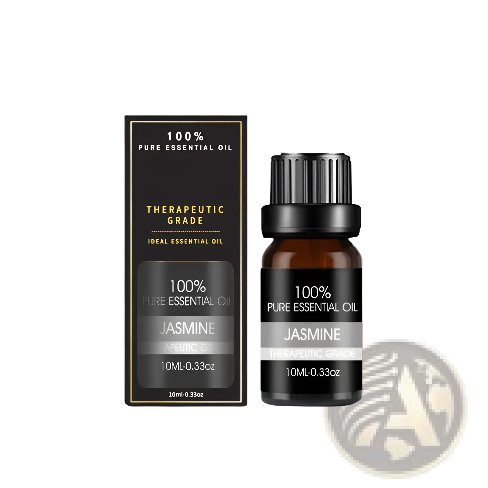 A sleek black box and amber glass bottle labeled gold with 100% pure jasmine oil from organic essential oils set